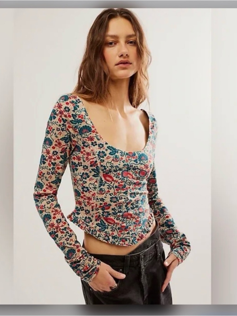 Free People Floral Scoop Neck Long Sleeve Top - Cream, Teal, Pink